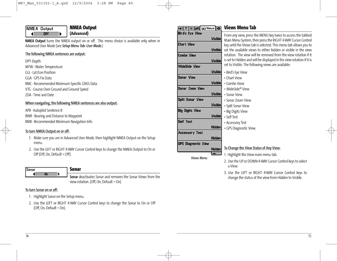 Humminbird Model Matrix 87 manual Nmea Output, Sonar 