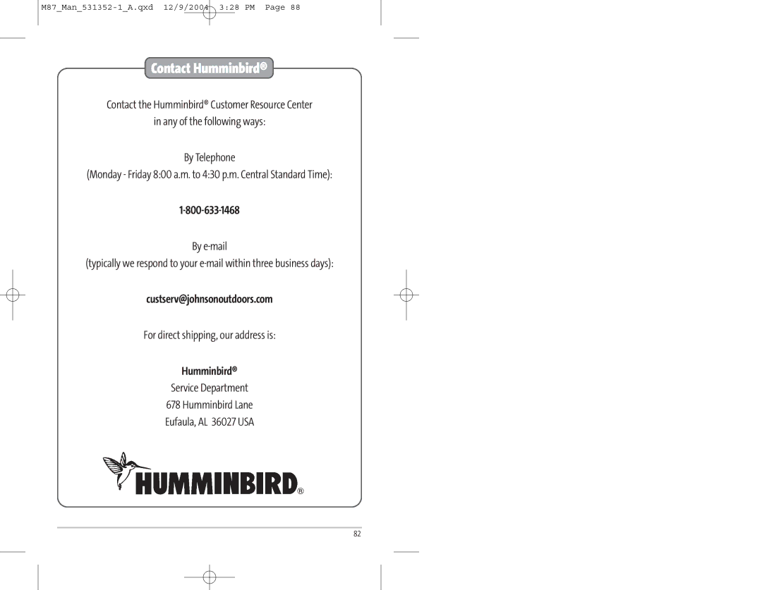 Humminbird Model Matrix 87 manual Contact Humminbird 