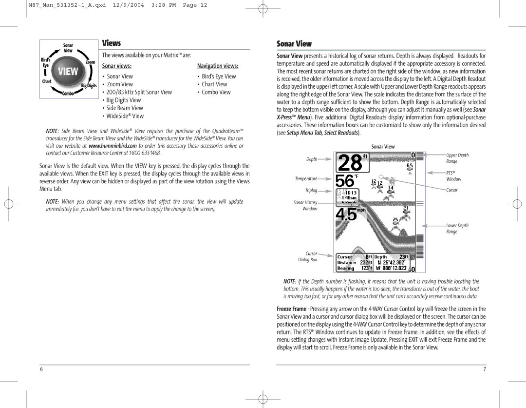 Humminbird Model Matrix 87 manual Views, Sonar View, Sonar views 