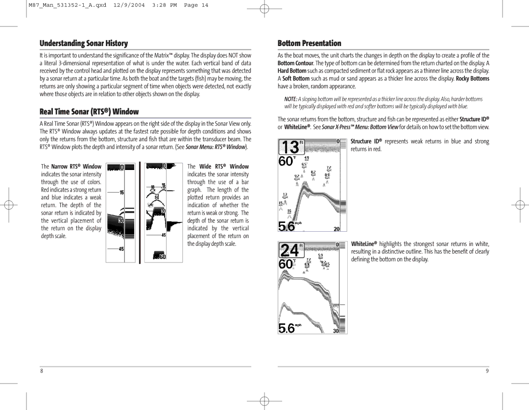 Humminbird Model Matrix 87 manual Understanding Sonar History, Real Time Sonar RTS Window, Bottom Presentation 