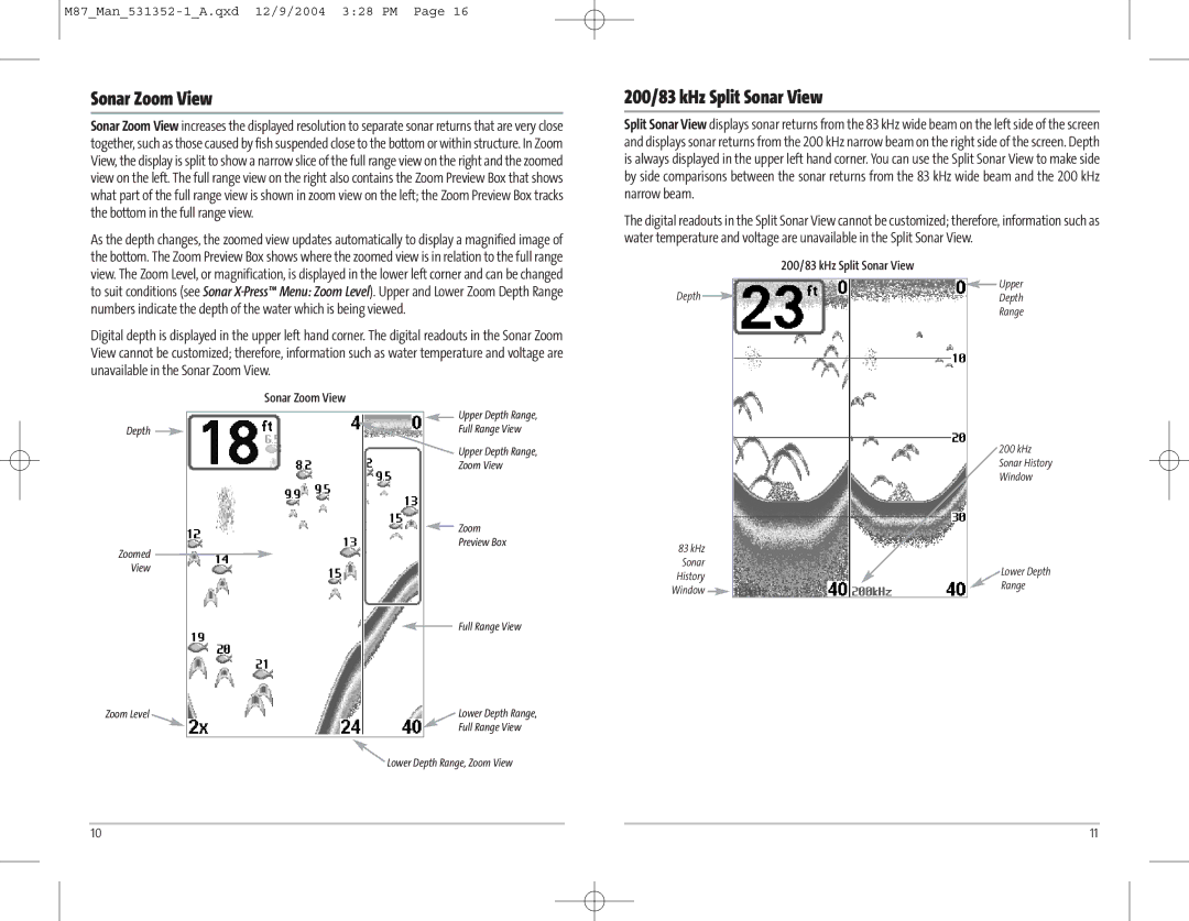 Humminbird Model Matrix 87 manual Sonar Zoom View, 200/83 kHz Split Sonar View 