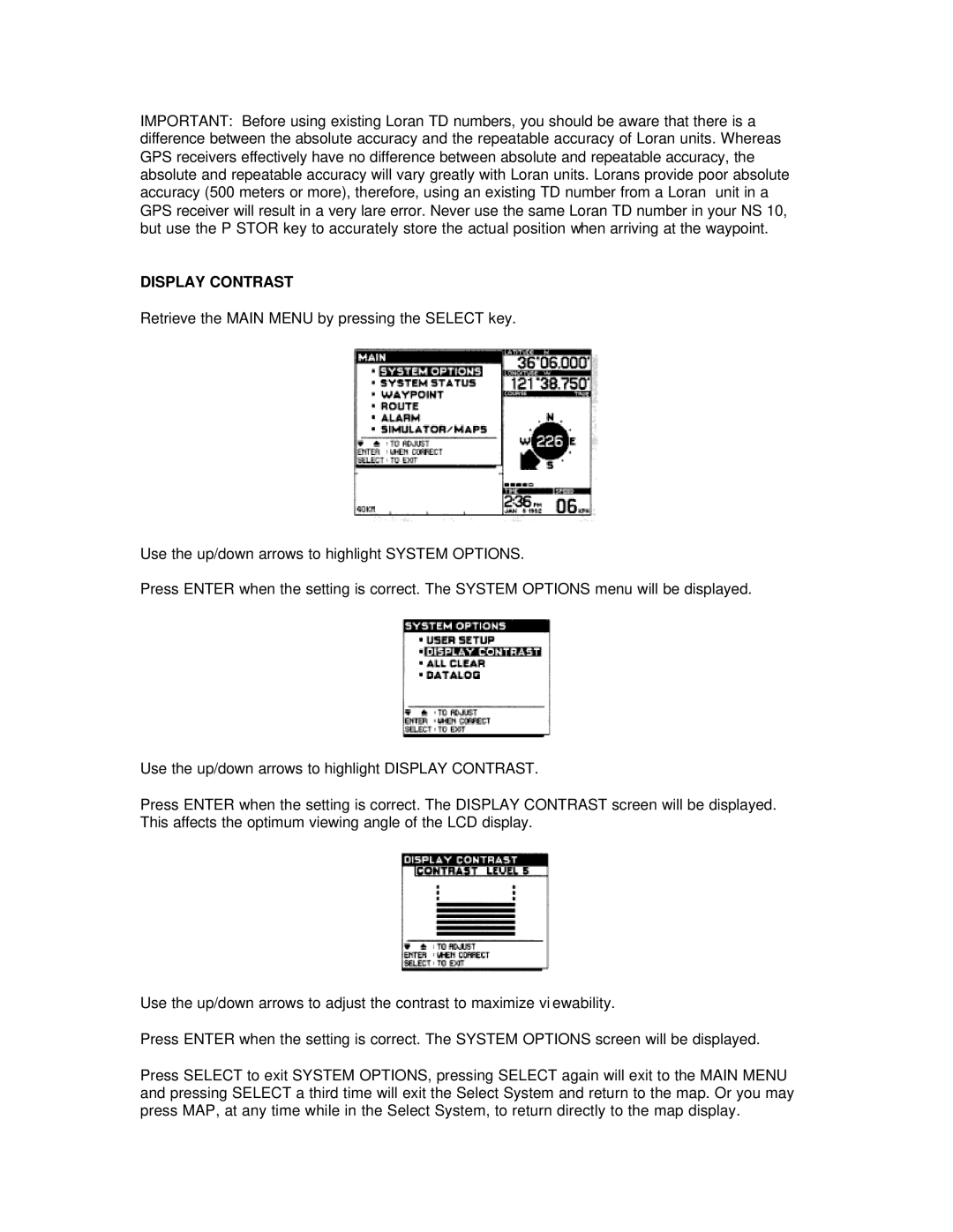 Humminbird NS 10 manual Display Contrast 