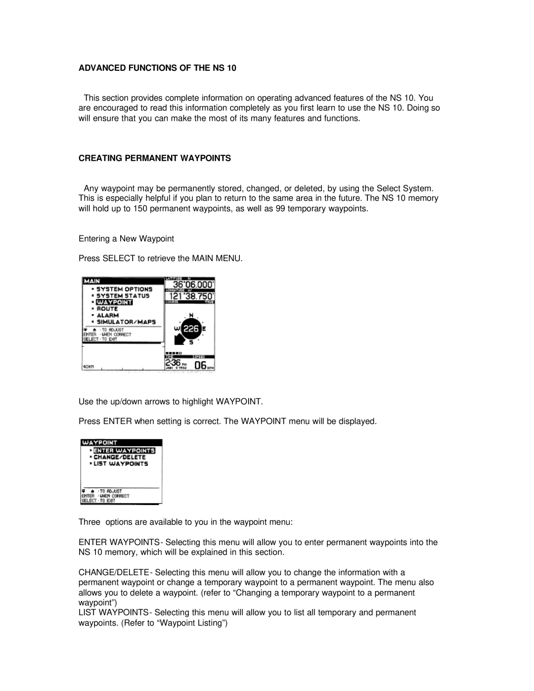 Humminbird NS 10 manual Advanced Functions of the NS, Creating Permanent Waypoints 