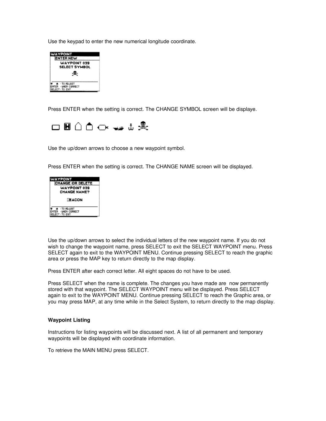 Humminbird NS 10 manual Waypoint Listing 