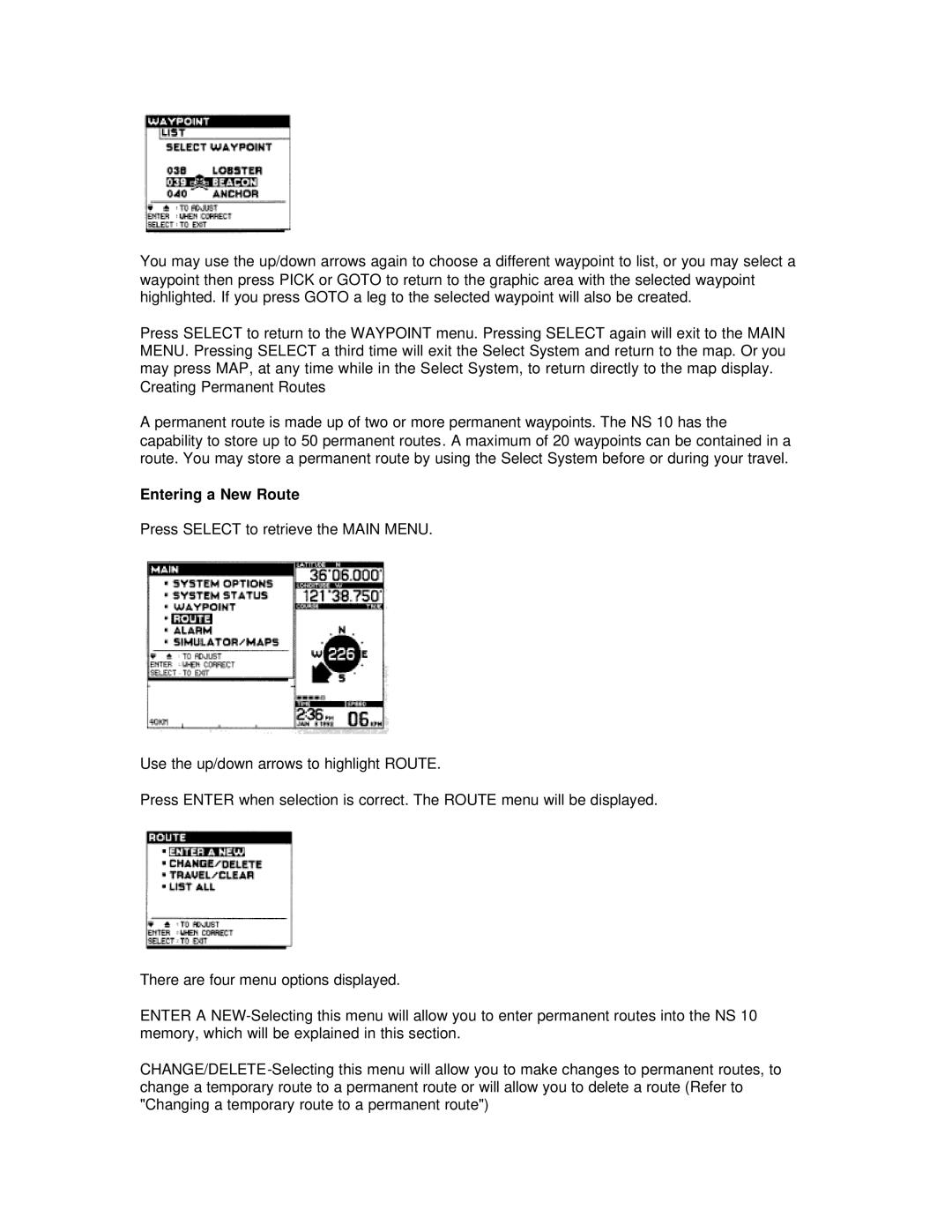 Humminbird NS 10 manual Entering a New Route 