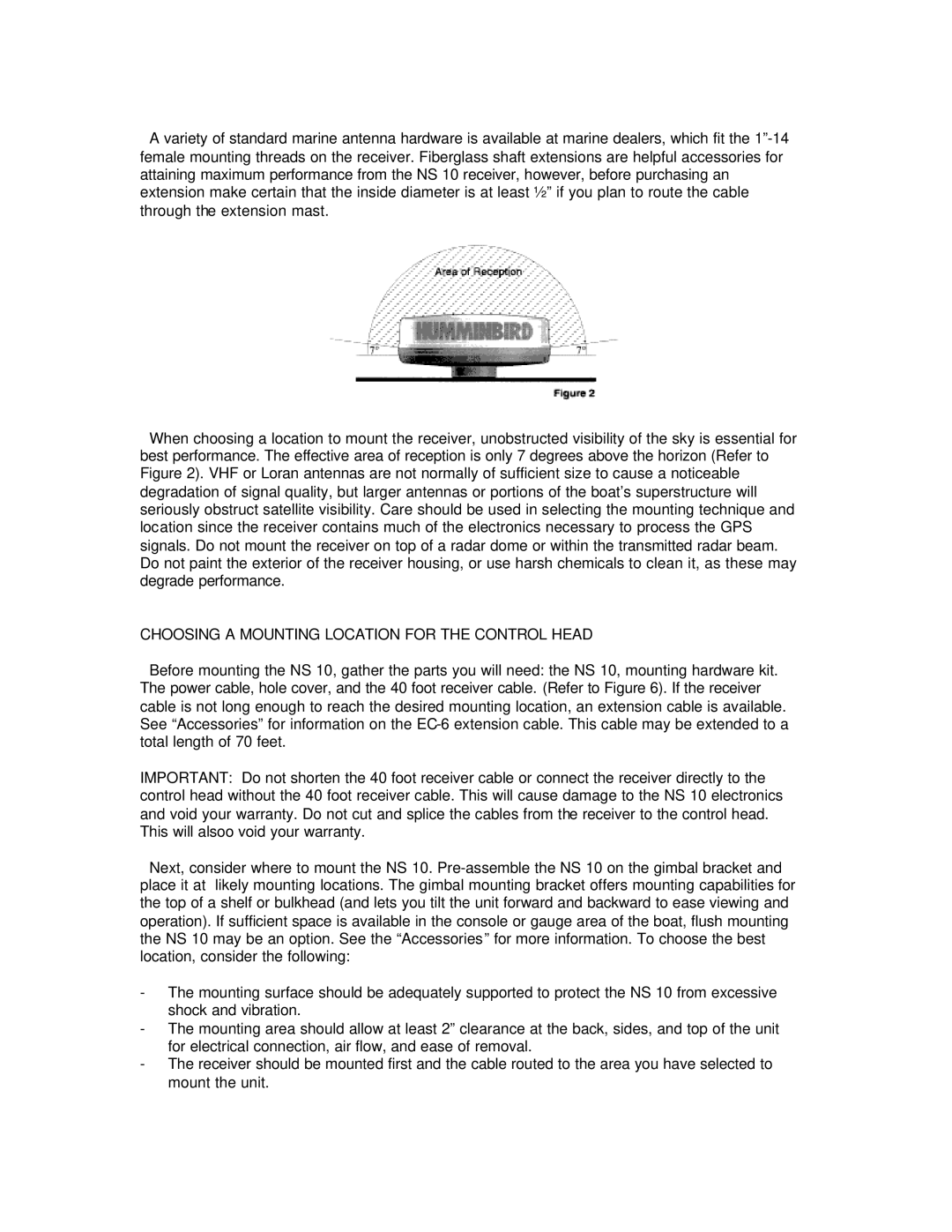 Humminbird NS 10 manual Choosing a Mounting Location for the Control Head 