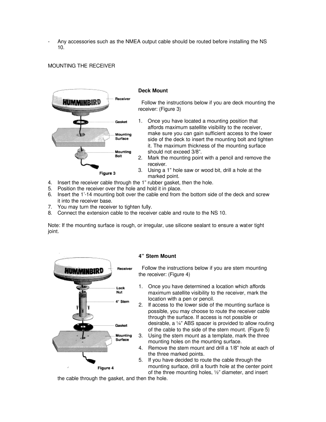 Humminbird NS 10 manual Mounting the Receiver, Deck Mount, Stem Mount 