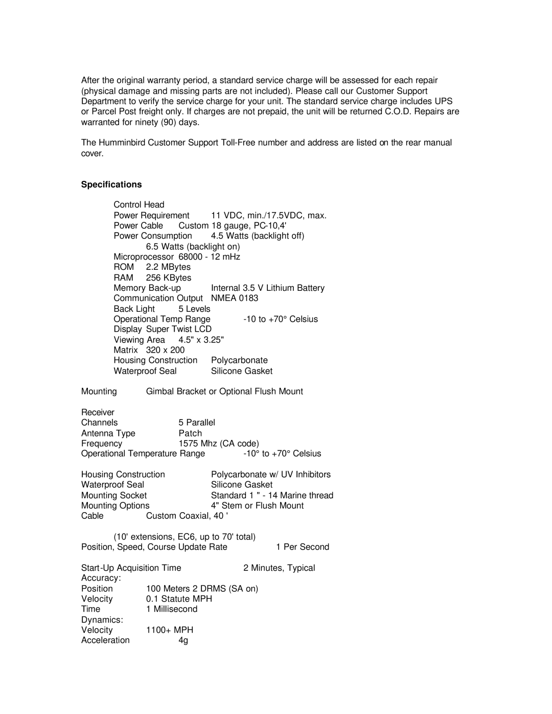 Humminbird NS 10 manual Specifications, Rom, Ram 