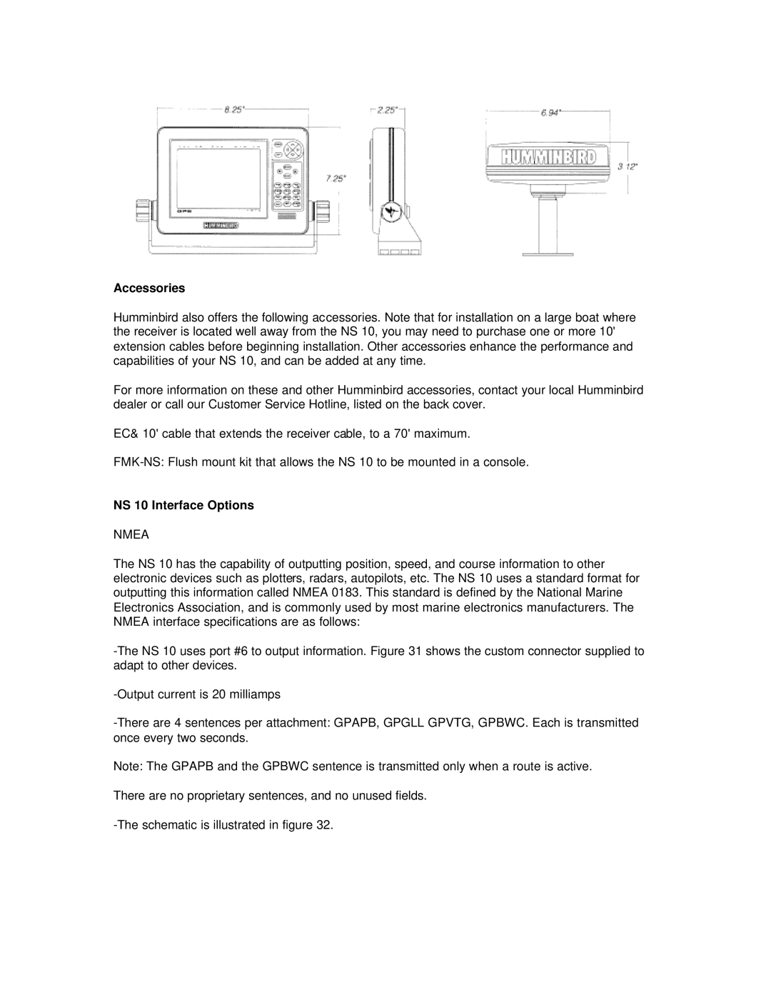 Humminbird manual Accessories, NS 10 Interface Options, Nmea 