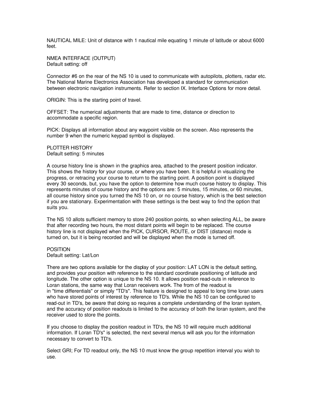 Humminbird NS 10 manual Nmea Interface Output, Plotter History, Position 