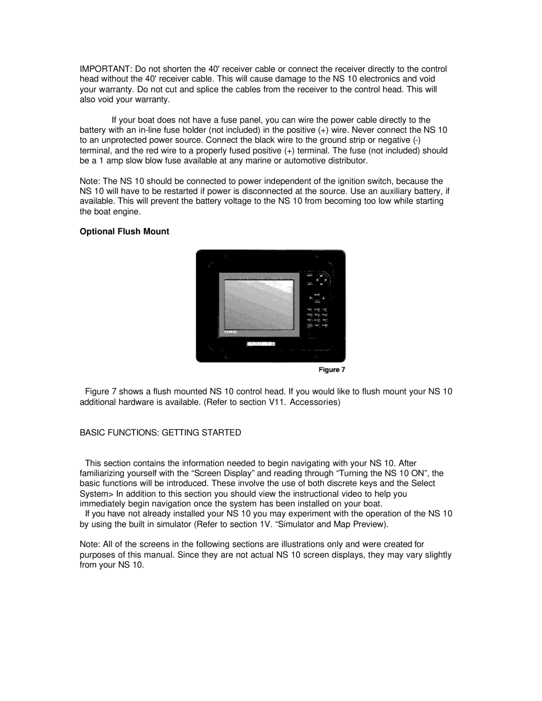 Humminbird NS 10 manual Optional Flush Mount, Basic Functions Getting Started 