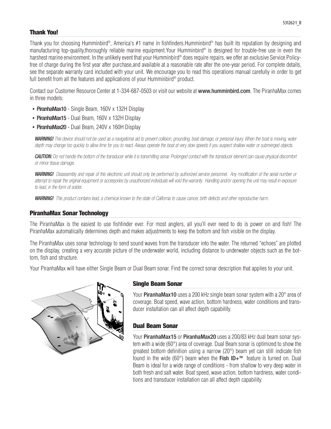 Humminbird PIRANHAMAX15, PIRANHAMAX20 warranty Thank You, PiranhaMax Sonar Technology, Single Beam Sonar, Dual Beam Sonar 