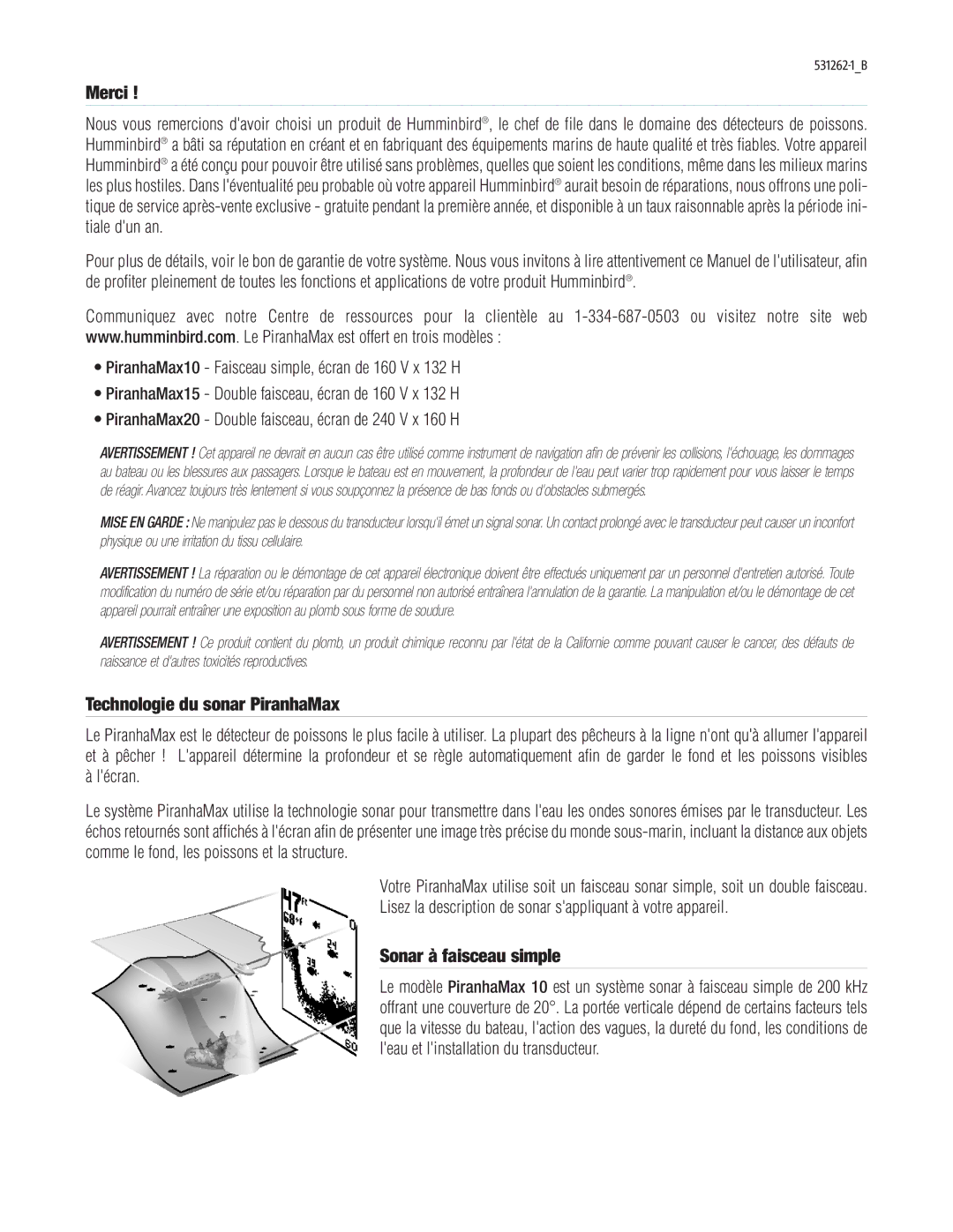 Humminbird PIRANHAMAX15, PIRANHAMAX20, PIRANHAMAX10 warranty Merci, Technologie du sonar PiranhaMax, Sonar à faisceau simple 