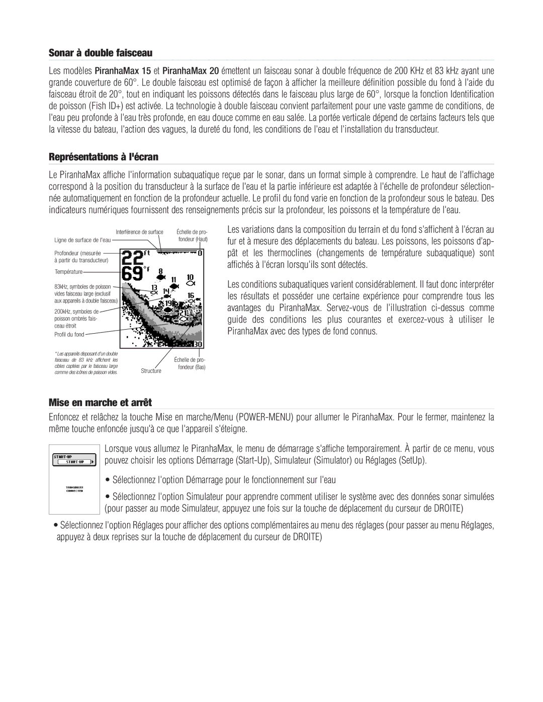 Humminbird PIRANHAMAX10, PIRANHAMAX20 warranty Sonar à double faisceau, Représentations à lécran, Mise en marche et arrêt 