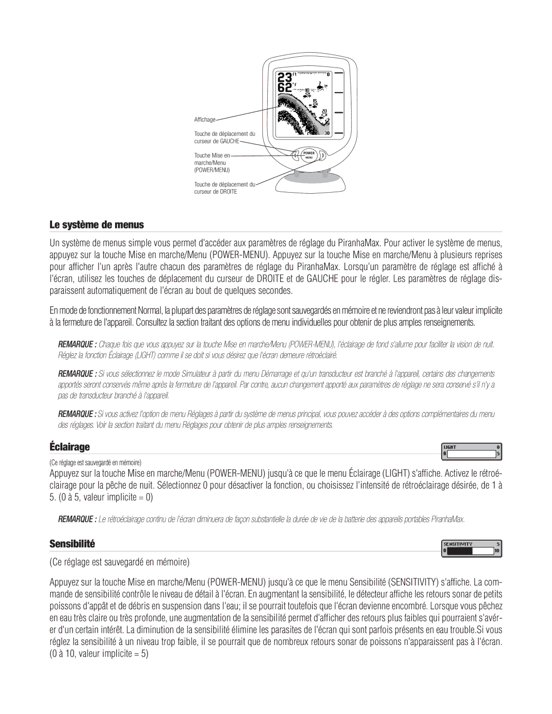 Humminbird PIRANHAMAX20, PIRANHAMAX15, PIRANHAMAX10 warranty Le système de menus, Éclairage, Sensibilité 