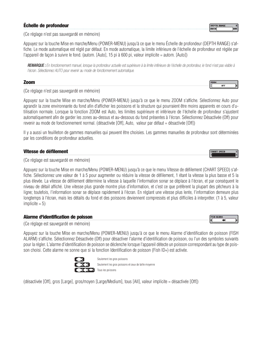 Humminbird PIRANHAMAX15, PIRANHAMAX20 Échelle de profondeur, Vitesse de défilement, Alarme didentification de poisson 