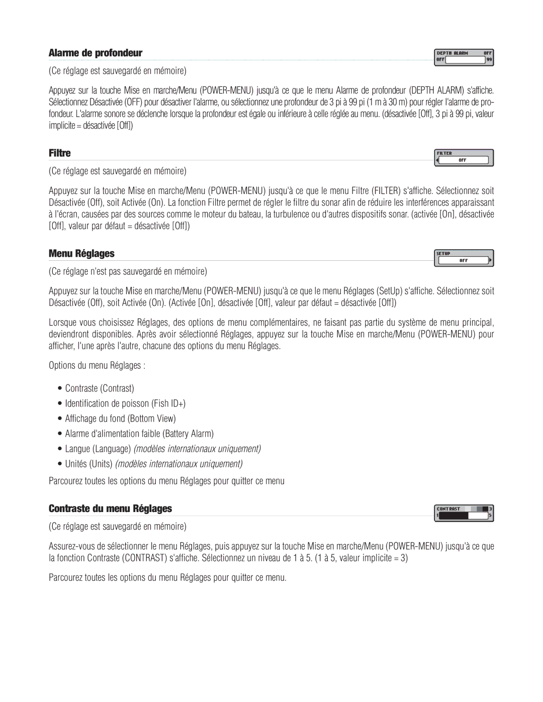 Humminbird PIRANHAMAX10, PIRANHAMAX20, PIRANHAMAX15 Alarme de profondeur, Filtre, Menu Réglages, Contraste du menu Réglages 