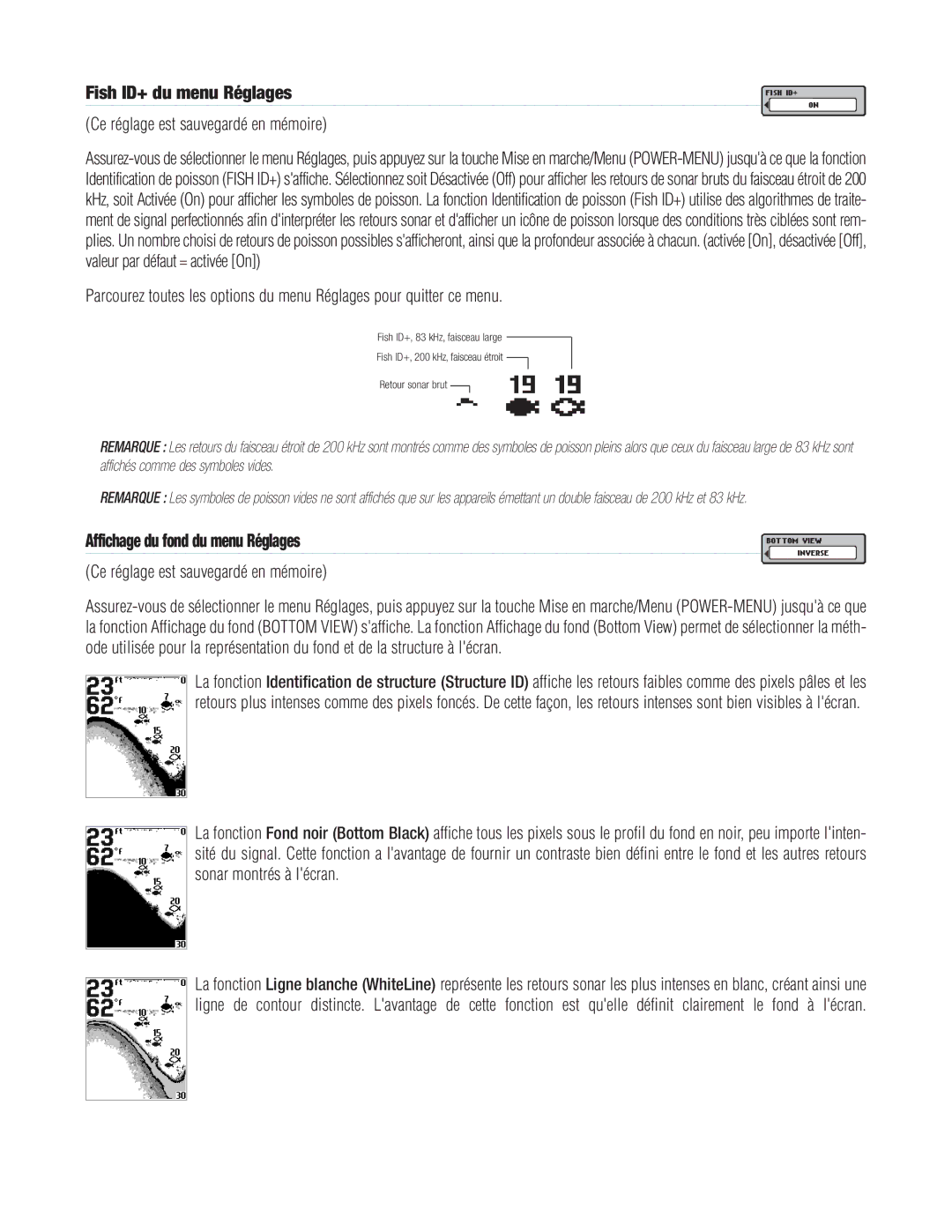 Humminbird PIRANHAMAX20, PIRANHAMAX15, PIRANHAMAX10 warranty Fish ID+ du menu Réglages, Affichage du fond du menu Réglages 