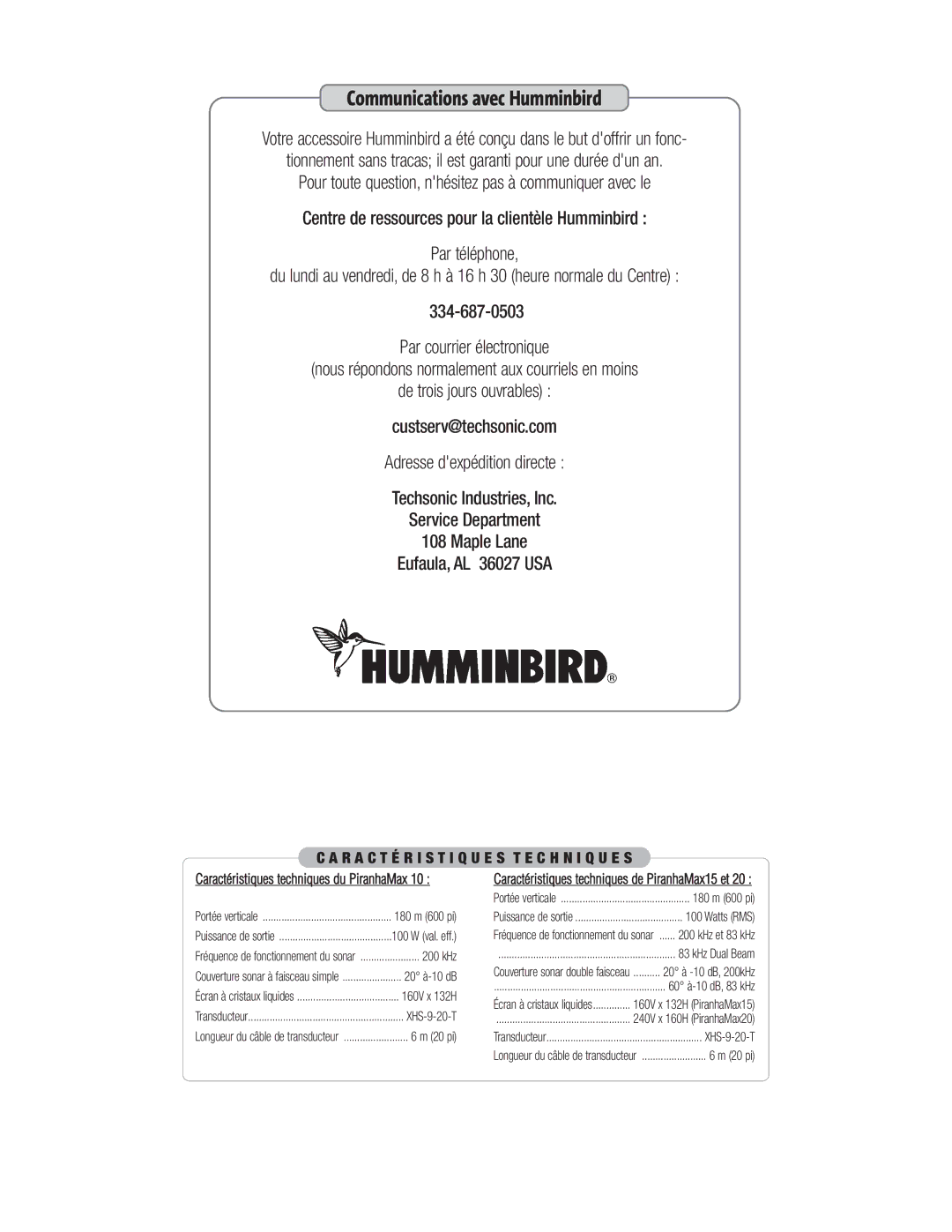 Humminbird PIRANHAMAX15, PIRANHAMAX20, PIRANHAMAX10 warranty Communications avec Humminbird 