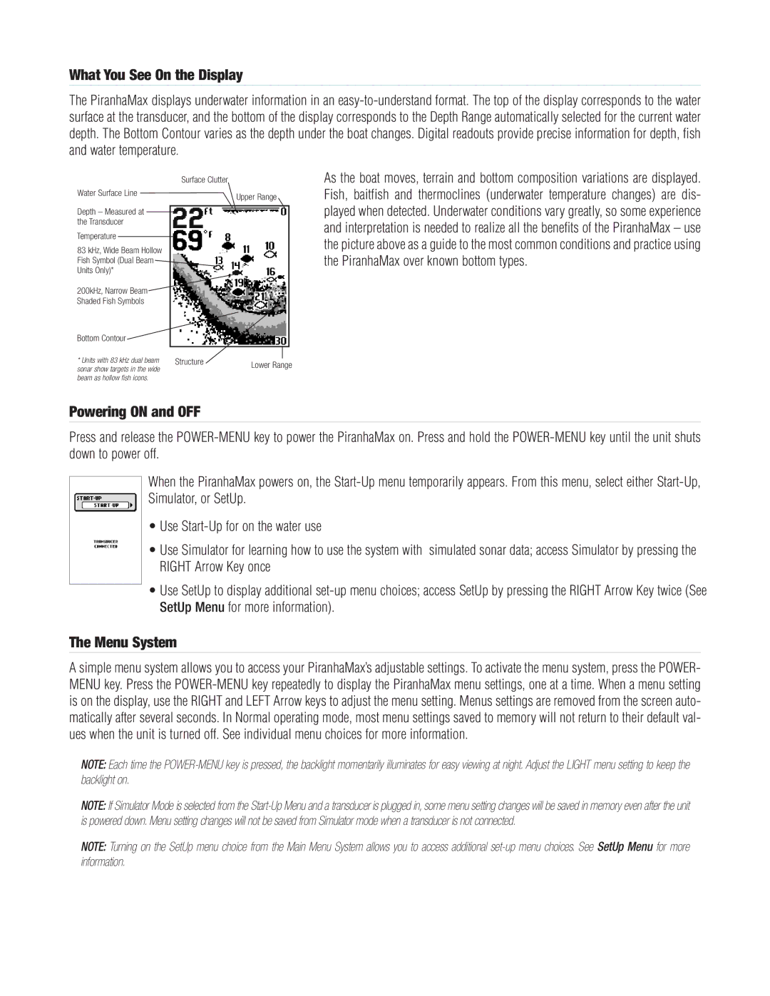 Humminbird PIRANHAMAX10, PIRANHAMAX20, PIRANHAMAX15 warranty What You See On the Display, Powering on and OFF, Menu System 