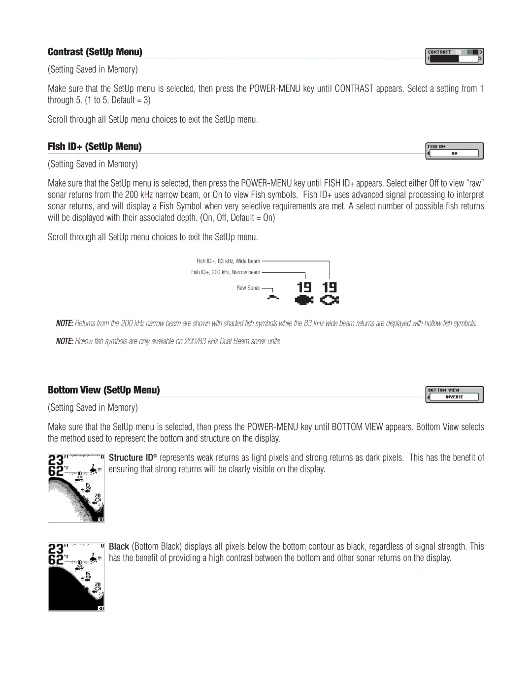 Humminbird PIRANHAMAX10, PIRANHAMAX20, PIRANHAMAX15 warranty Contrast SetUp Menu, Fish ID+ SetUp Menu, Bottom View SetUp Menu 