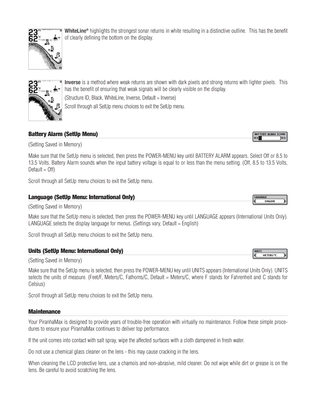 Humminbird PIRANHAMAX20, PIRANHAMAX15 warranty Battery Alarm SetUp Menu, Language SetUp Menu International Only, Maintenance 