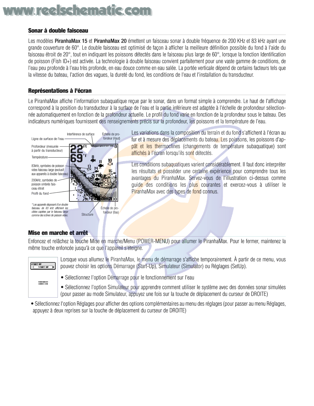 Humminbird PIRANHAMAX15, PIRANHAMAX20 warranty Sonar à double faisceau, Représentations à lécran, Mise en marche et arrêt 