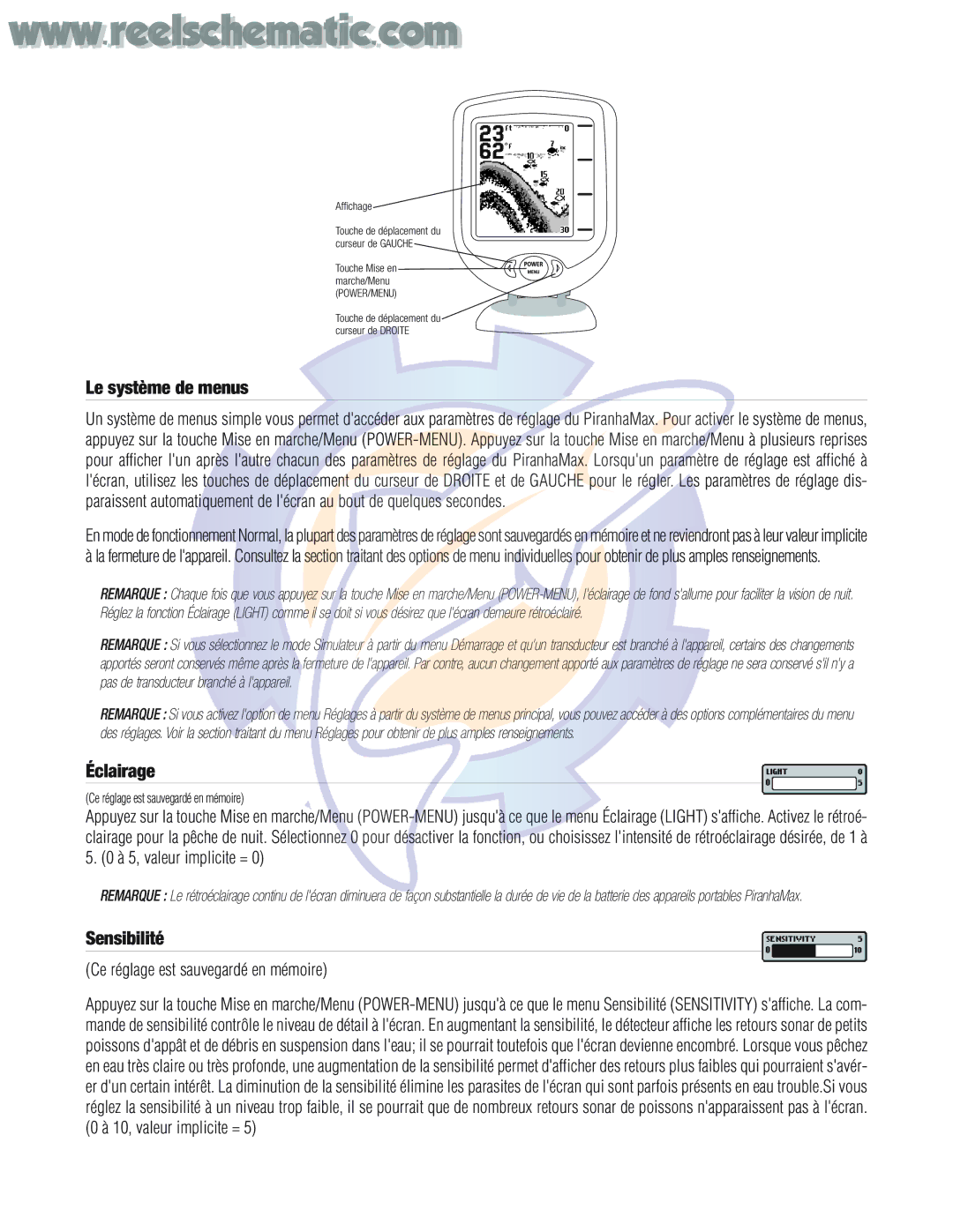 Humminbird PIRANHAMAX20, PIRANHAMAX15 warranty Le système de menus, Éclairage, Sensibilité 