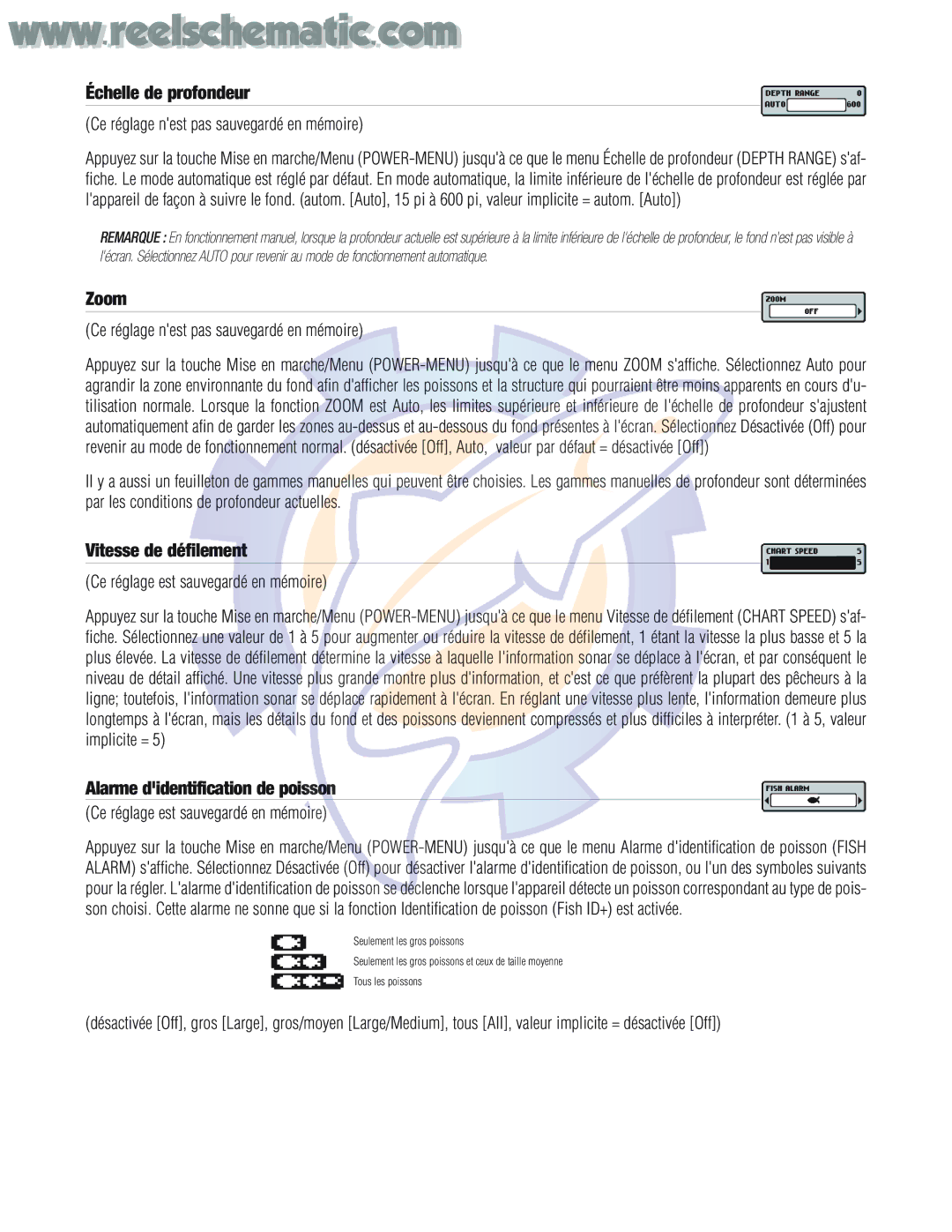 Humminbird PIRANHAMAX15, PIRANHAMAX20 Échelle de profondeur, Vitesse de défilement, Alarme didentification de poisson 