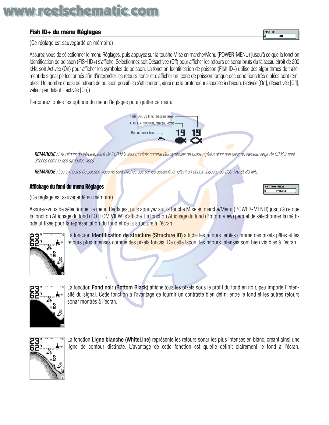 Humminbird PIRANHAMAX15, PIRANHAMAX20 warranty Fish ID+ du menu Réglages, Affichage du fond du menu Réglages 