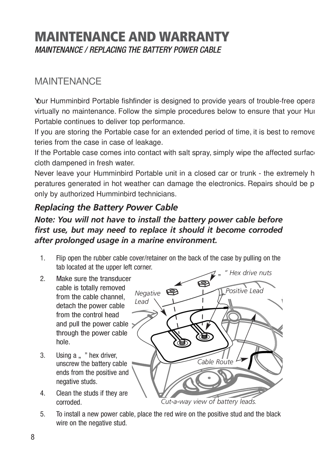 Humminbird Portable manual Maintenance and Warranty, Replacing the Battery Power Cable 