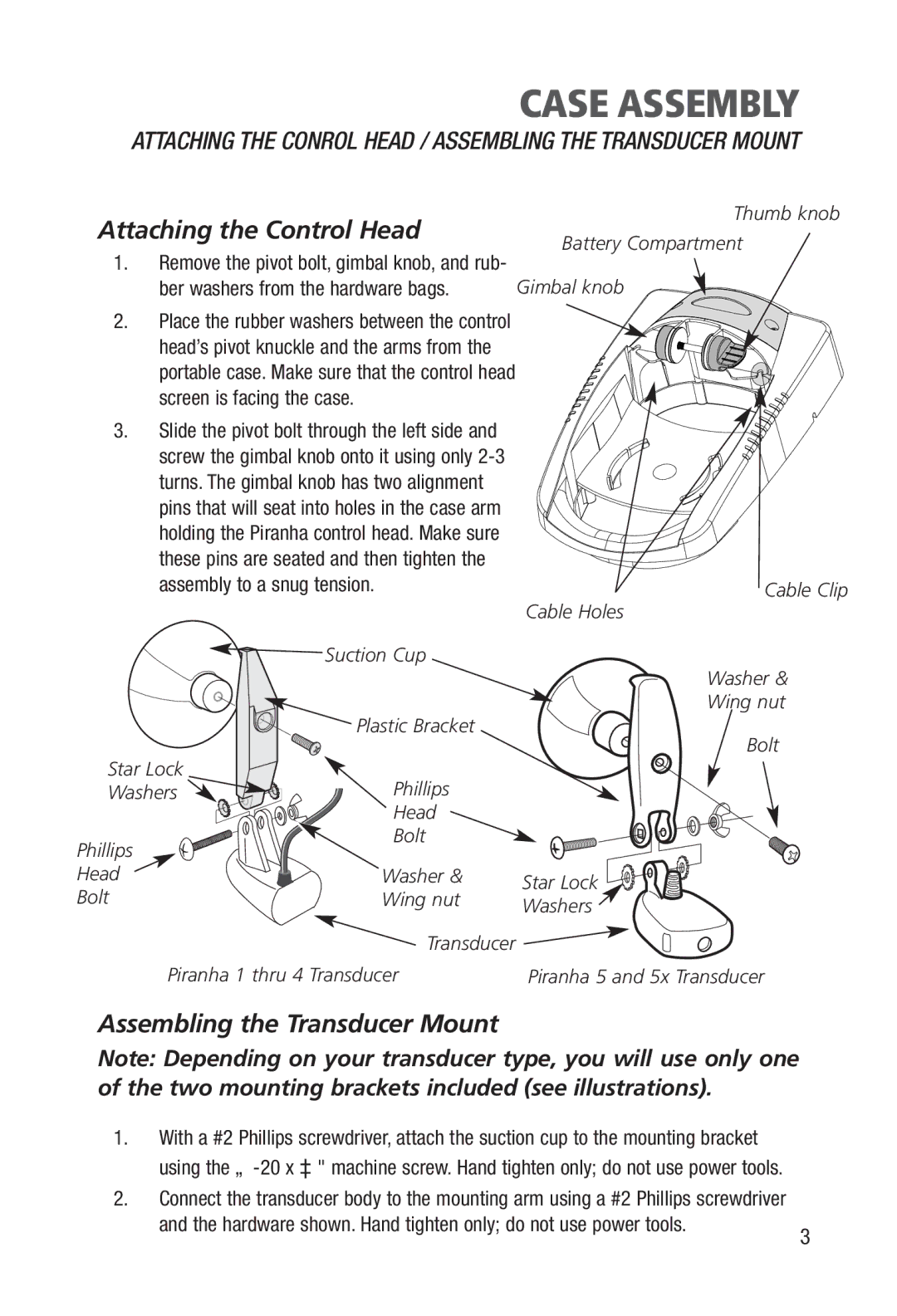 Humminbird Portable manual Attaching the Control Head, Assembling the Transducer Mount, Thumb knob Battery Compartment 