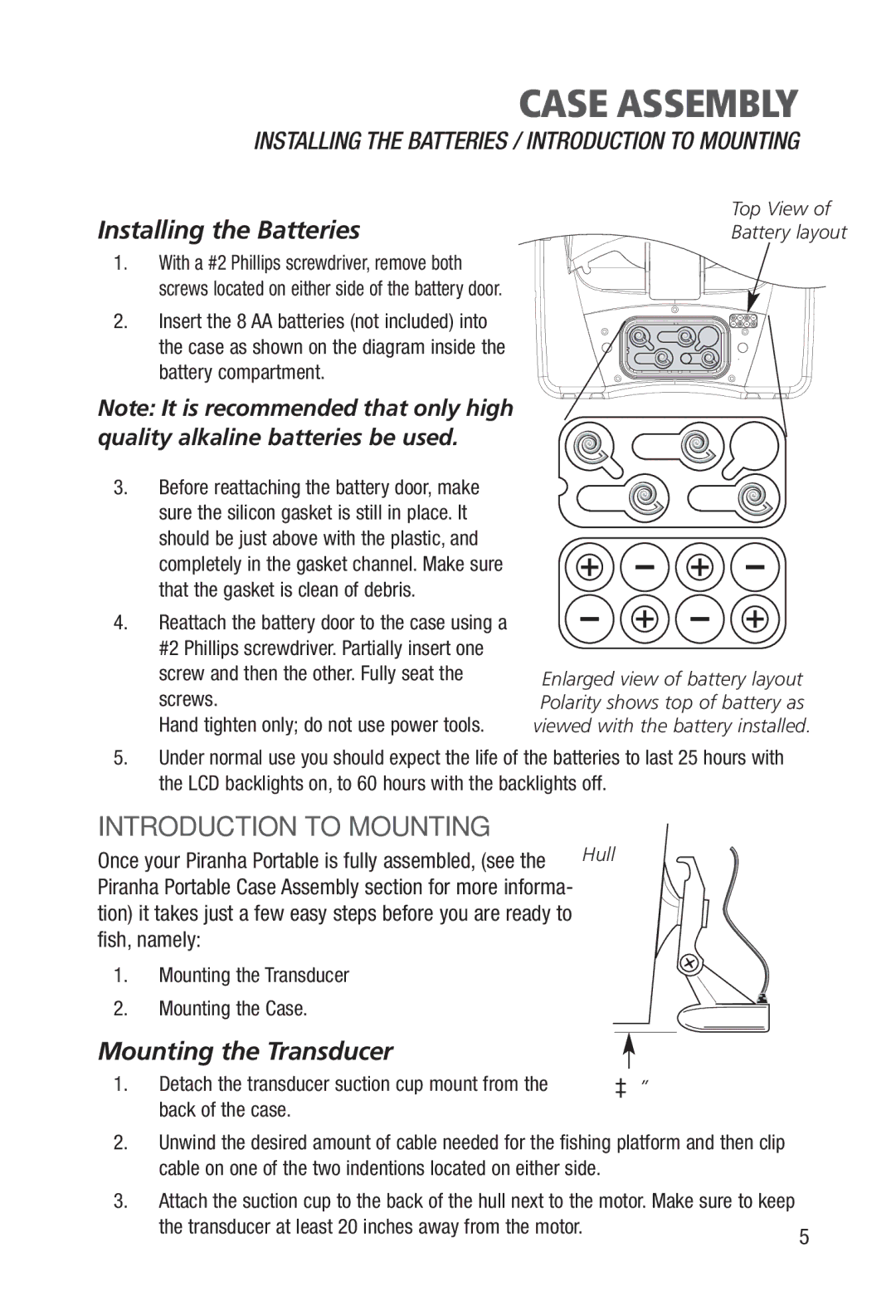 Humminbird Portable manual Introduction to Mounting, Installing the Batteries, Mounting the Transducer 