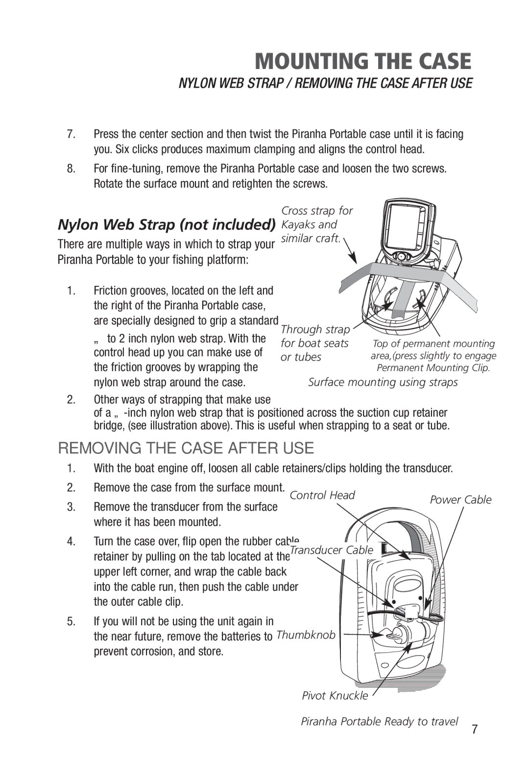 Humminbird Portable manual Removing the Case After USE, Through strap, Surface mounting using straps, Transducer Cable 