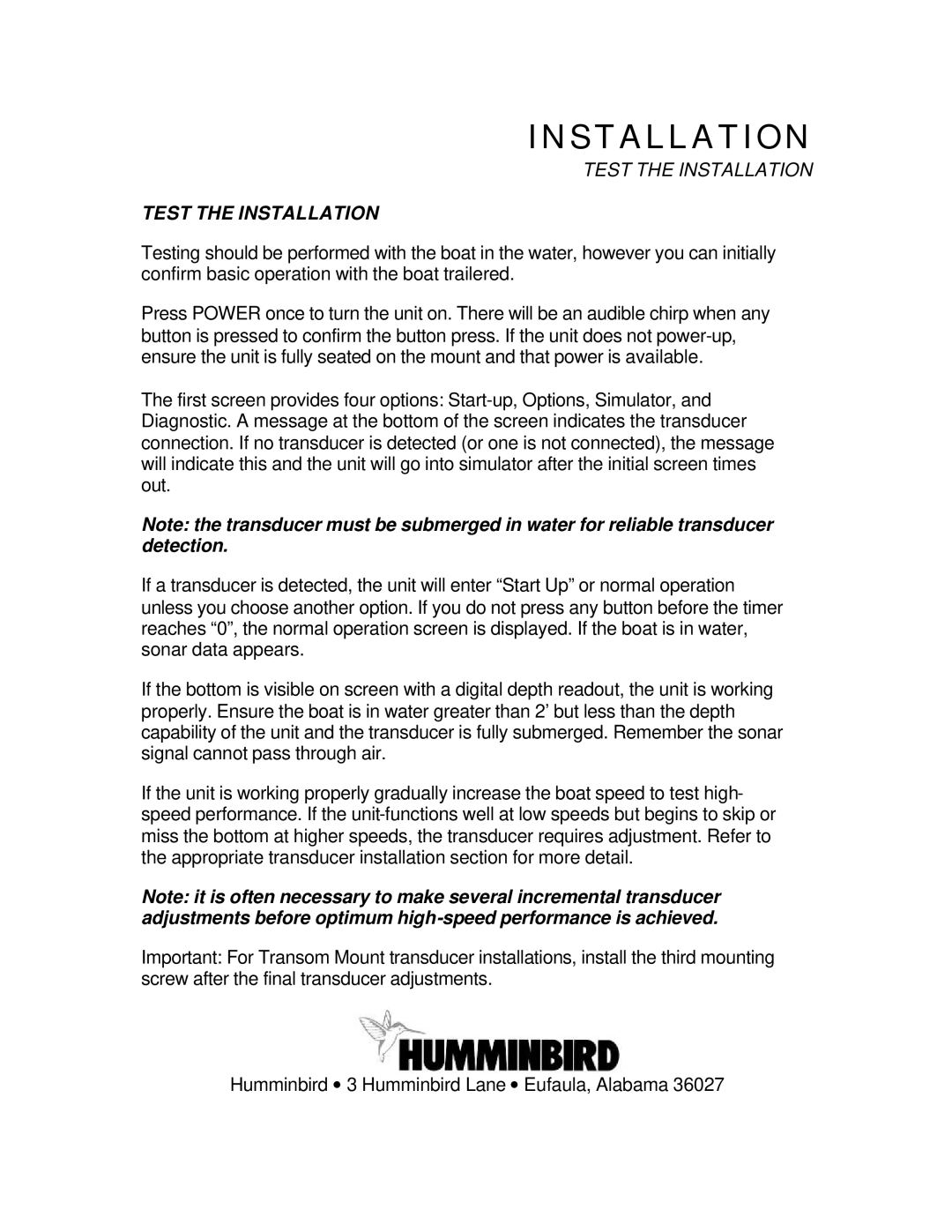 Humminbird ProAngler manual Test the Installation 