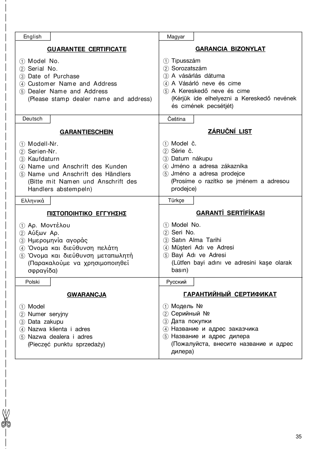 Humminbird RB 40VA Guarantee Certificate Garancia Bizonylat, Garantieschein Záruční List, Garantó Sertófókasi, Gwarancja 