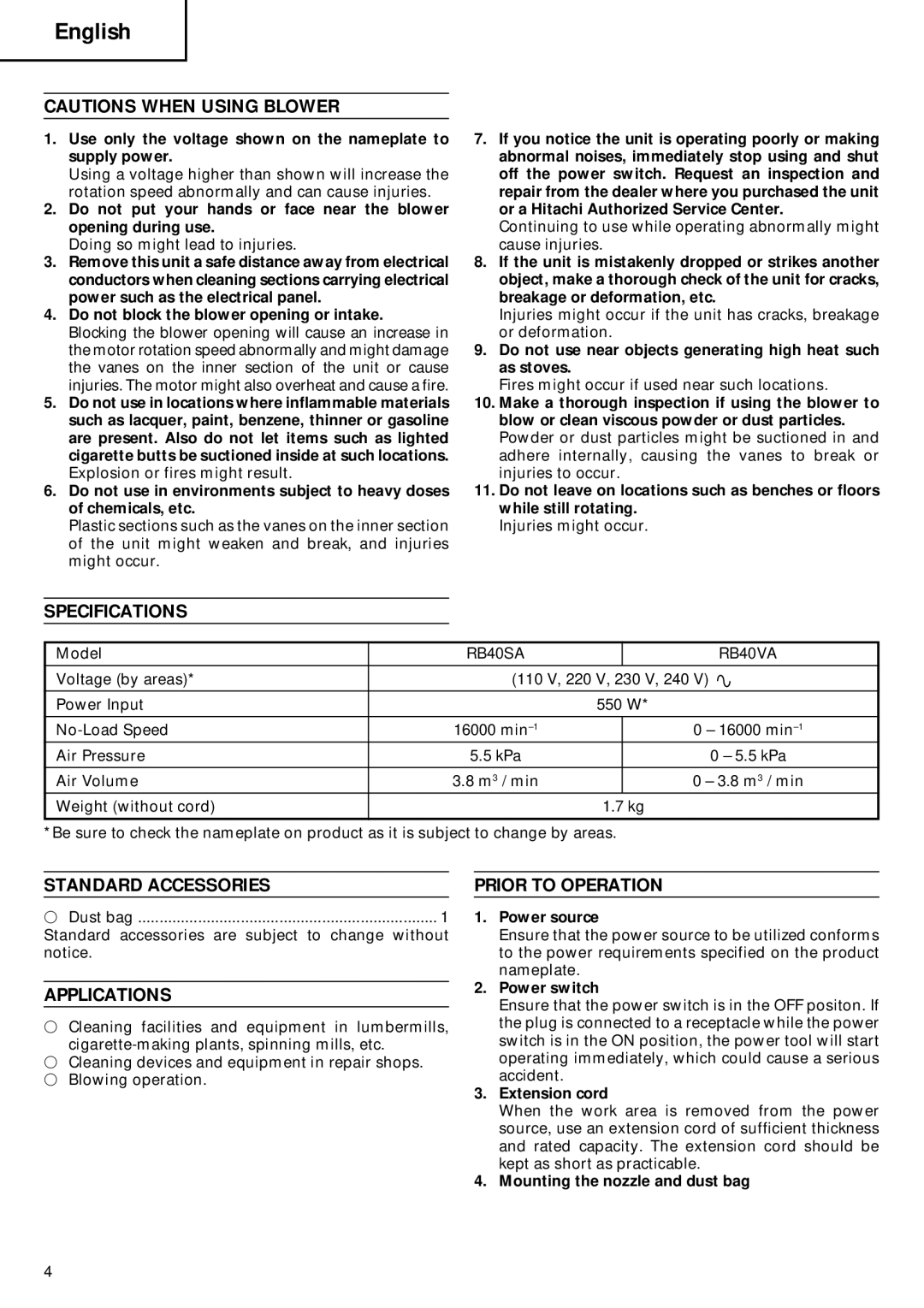 Humminbird RB 40VA manual Specifications, Standard Accessories, Applications, Prior to Operation 