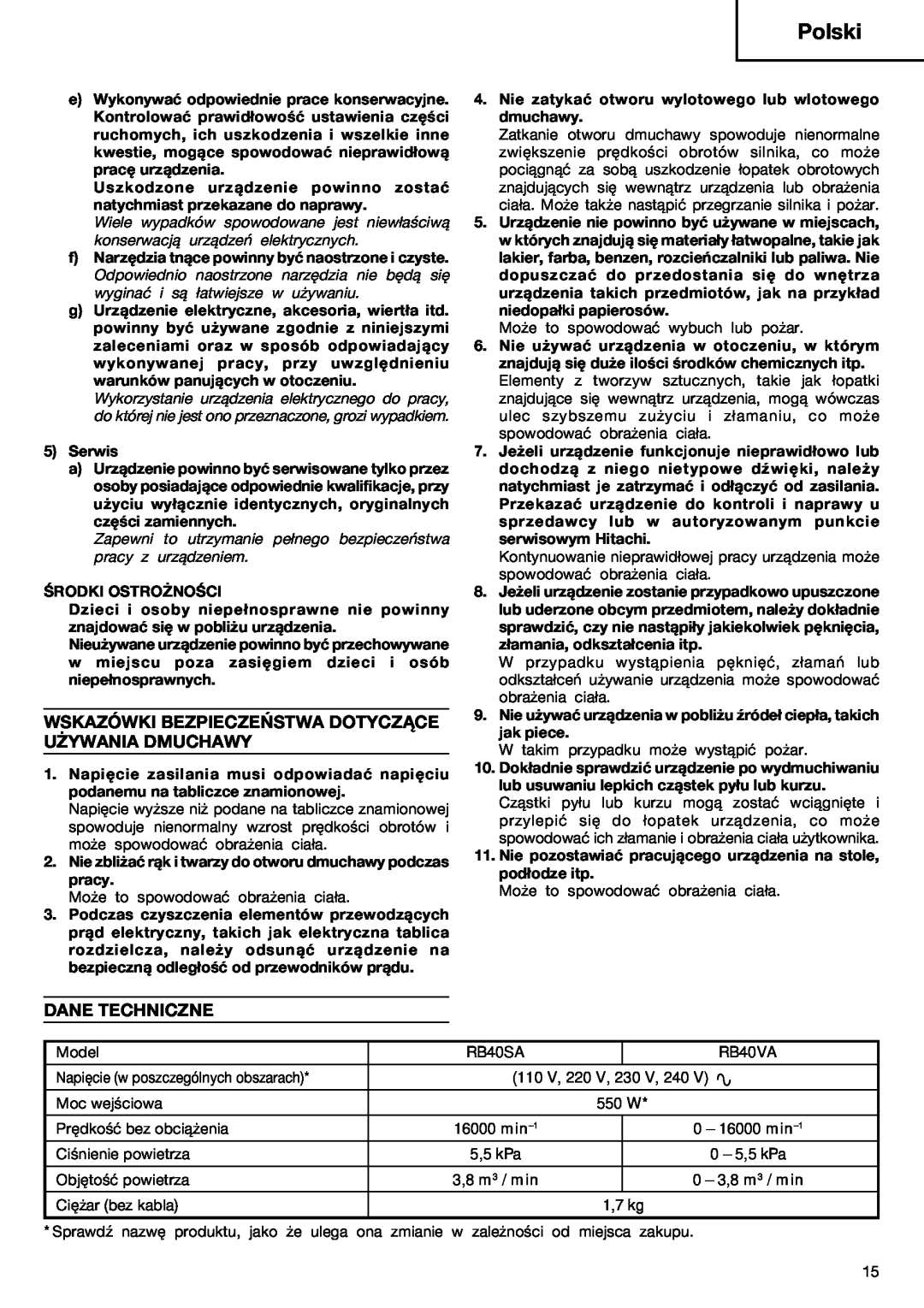 Humminbird RB 40VA manual Wskazówki Bezpieczeństwa Dotyczące Używania Dmuchawy, Dane Techniczne, Polski 