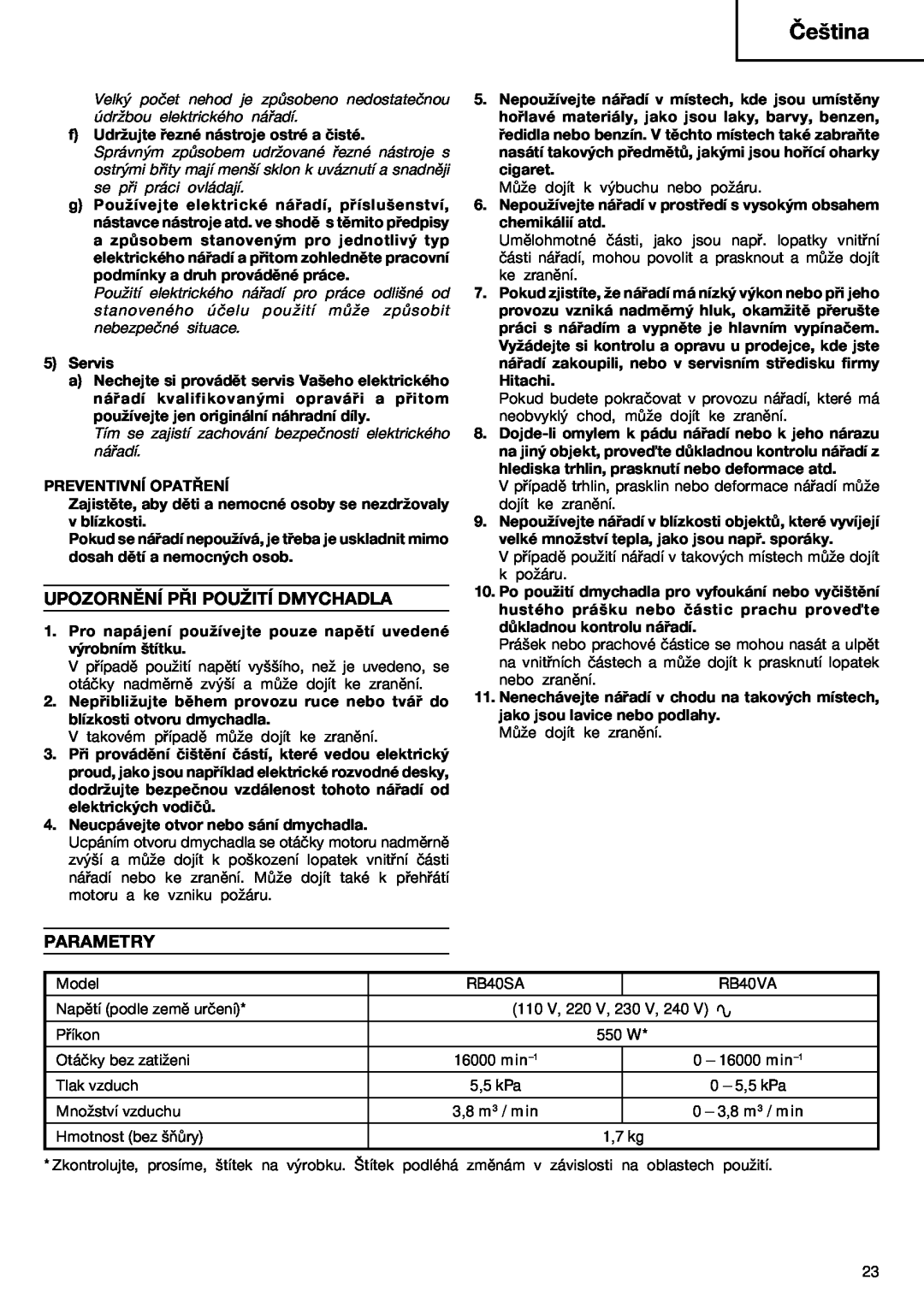Humminbird RB 40VA manual Upozornění Při Použití Dmychadla, Parametry, Čeština 
