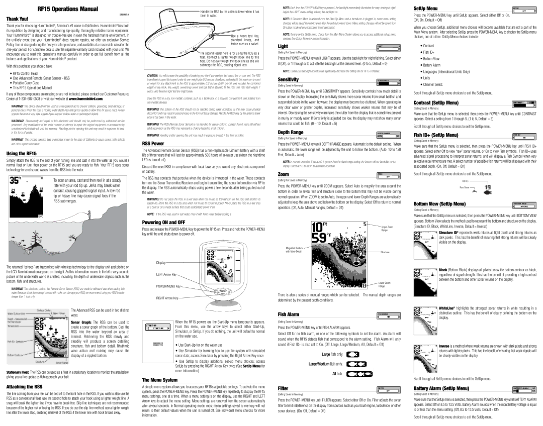 Humminbird warranty Thank You, Using the RF15, RSS Power, Powering on and OFF Light, Sensitivity, Depth Range, Zoom 