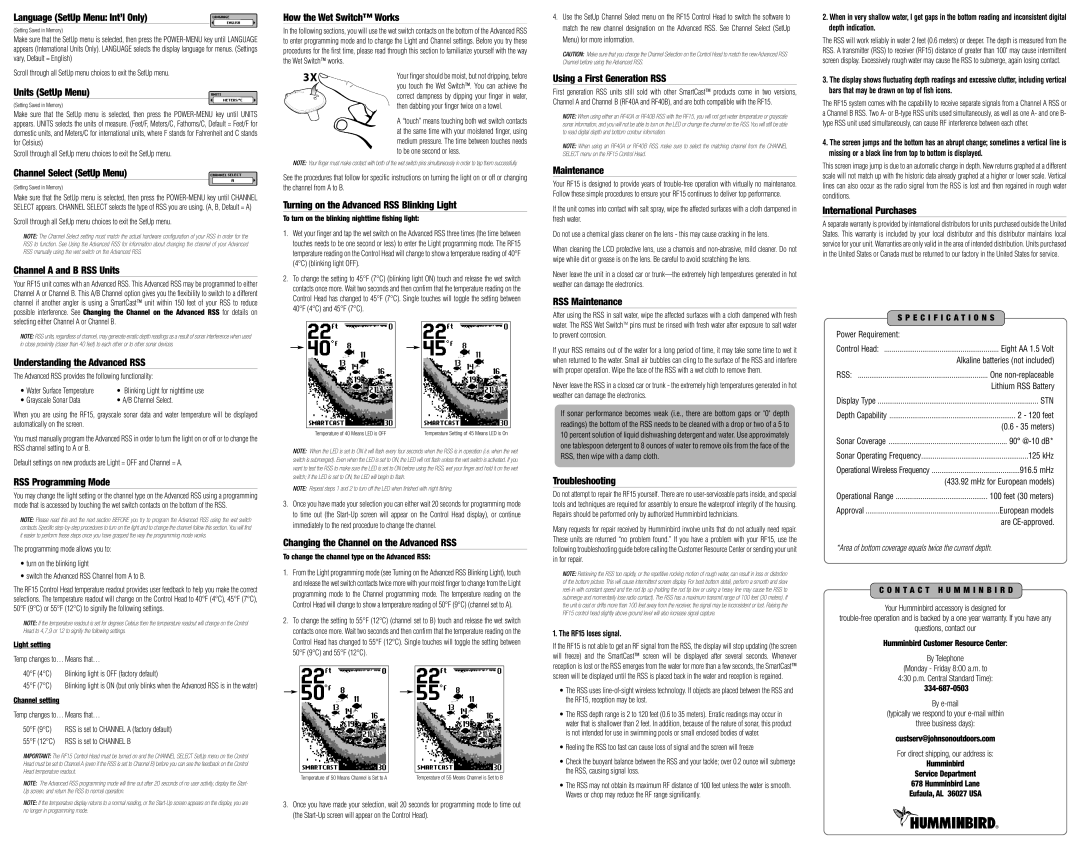 Humminbird RF15 Language SetUp Menu Int’l Only, Units SetUp Menu, Channel Select SetUp Menu, Channel a and B RSS Units 