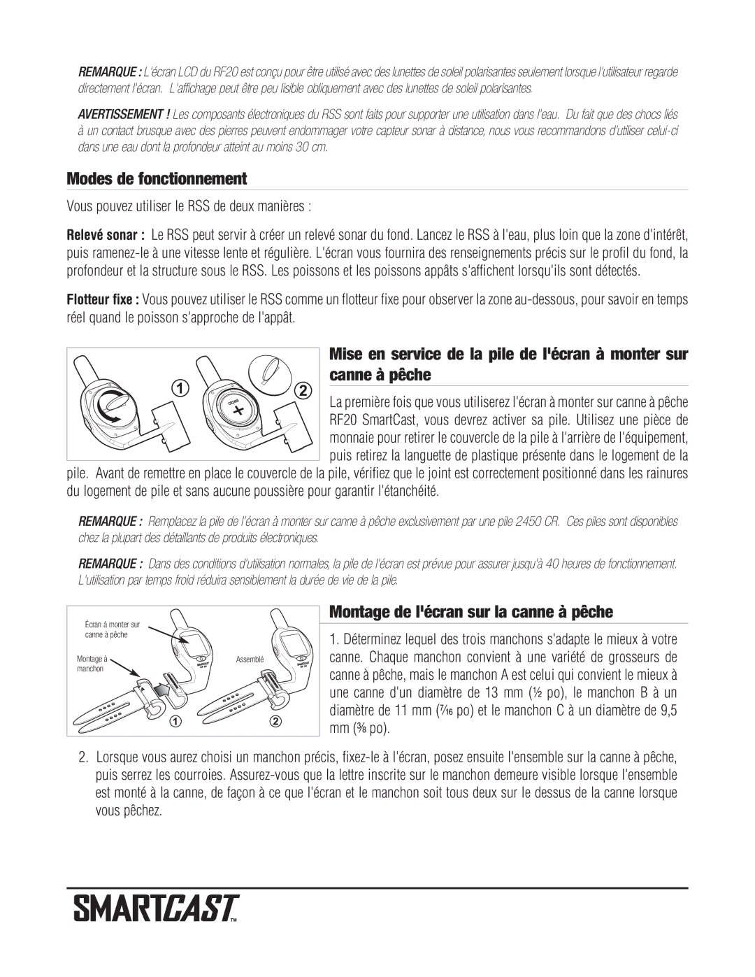 Humminbird RF20 warranty Modes de fonctionnement, Montage de lécran sur la canne à pêche 