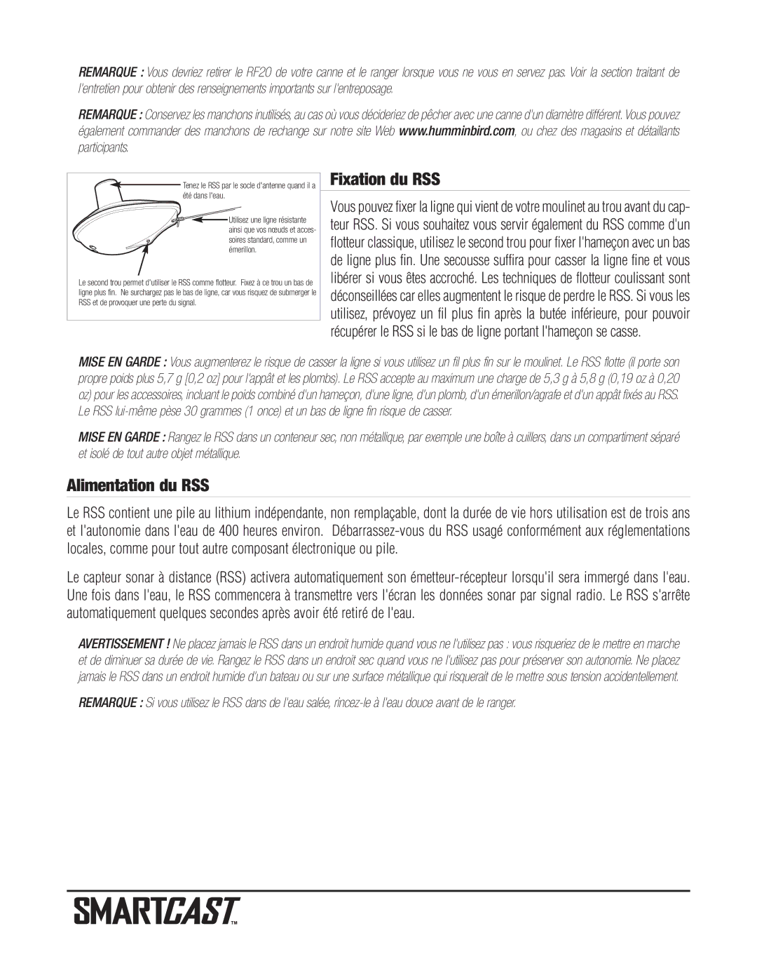 Humminbird RF20 warranty Fixation du RSS, Alimentation du RSS 