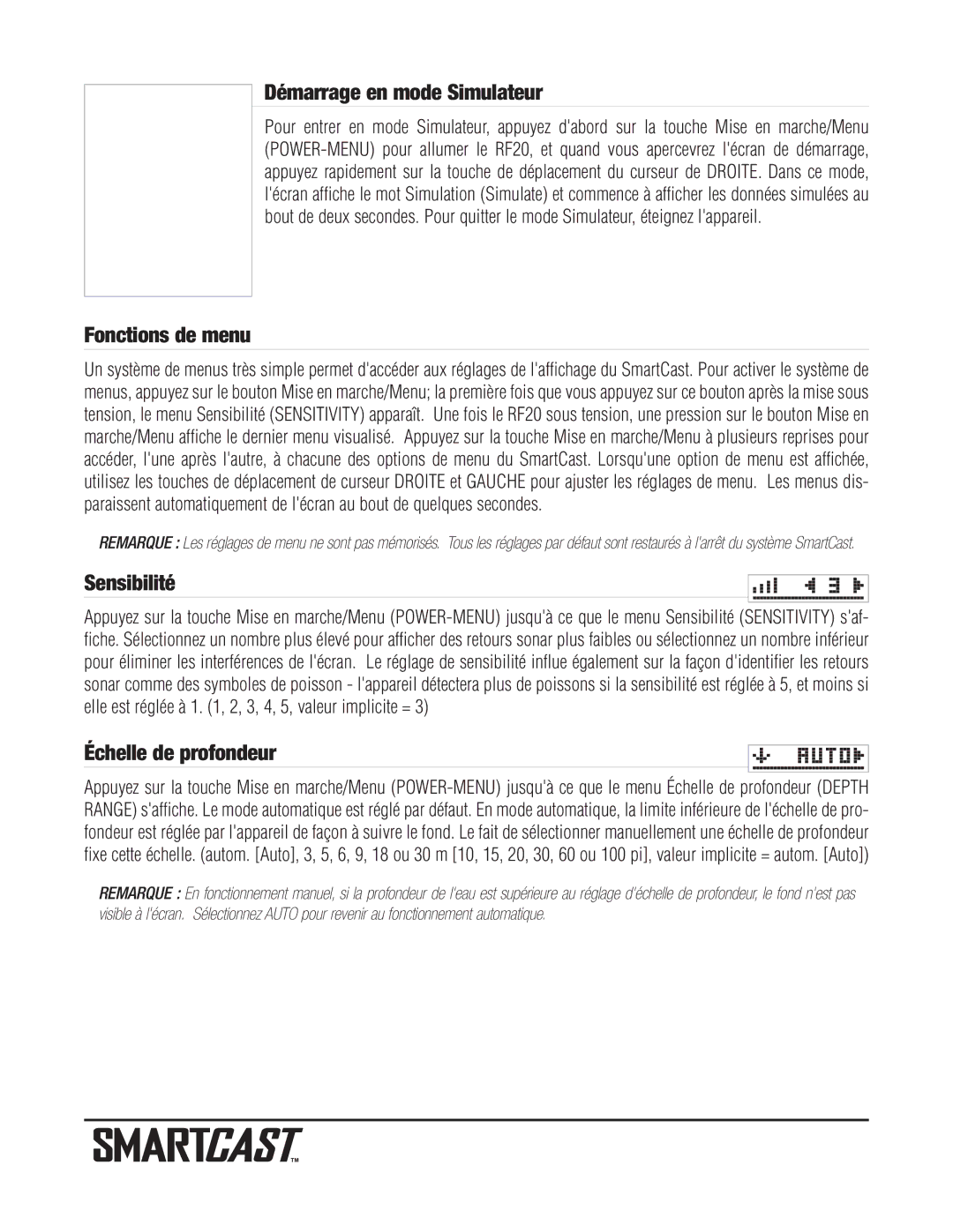 Humminbird RF20 warranty Démarrage en mode Simulateur, Fonctions de menu, Sensibilité, Échelle de profondeur 