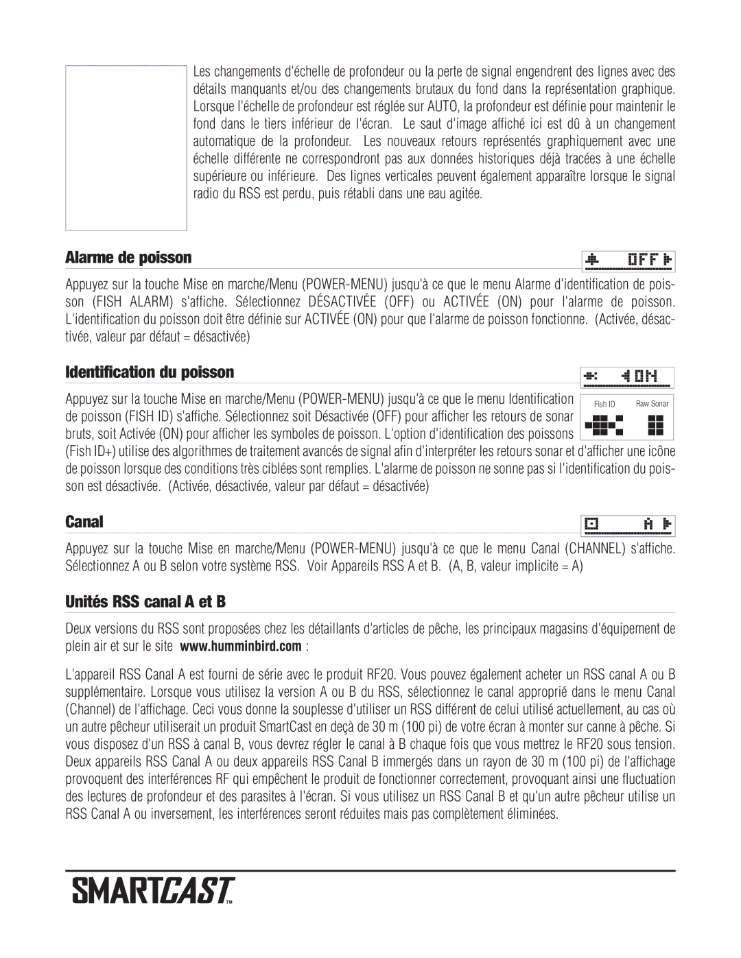 Humminbird RF20 warranty Alarme de poisson, Identification du poisson, Canal, Unités RSS canal a et B 