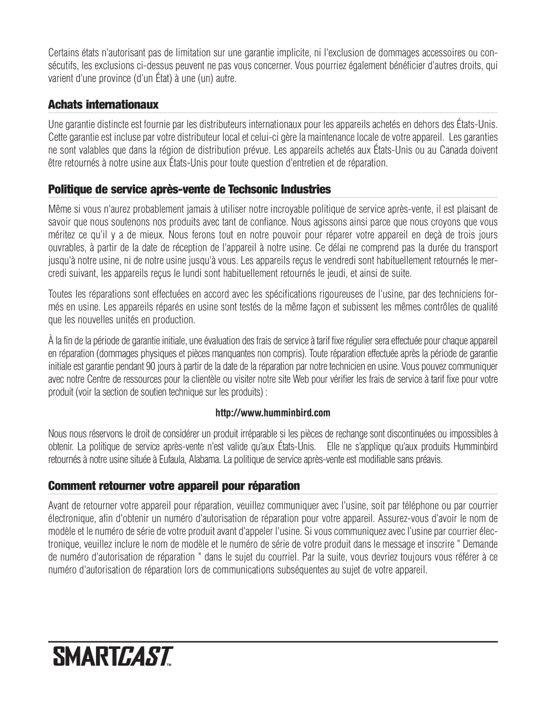 Humminbird RF20 warranty Achats internationaux, Politique de service après-vente de Techsonic Industries 