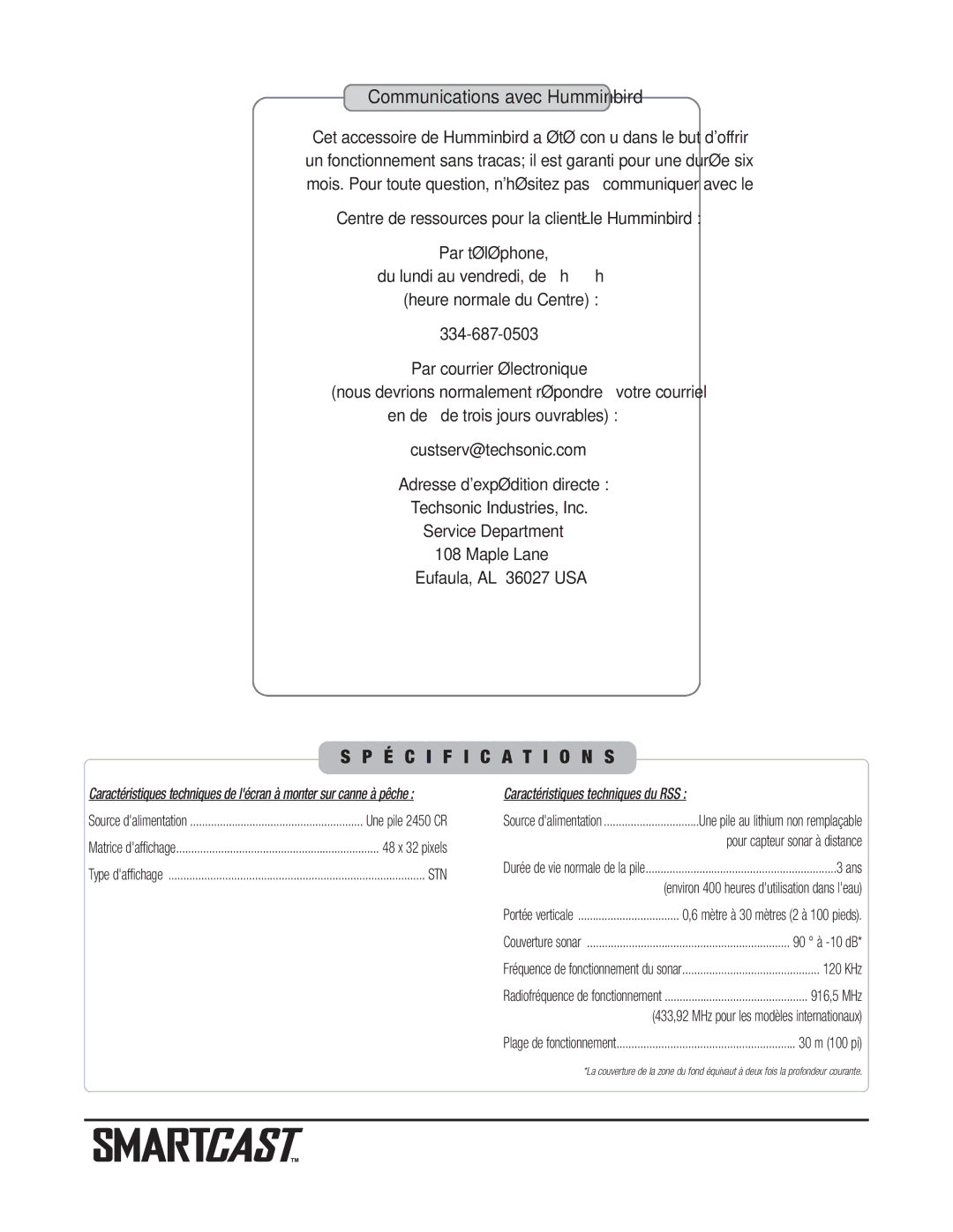 Humminbird RF20 warranty Communications avec Humminbird, Centre de ressources pour la clientèle Humminbird 