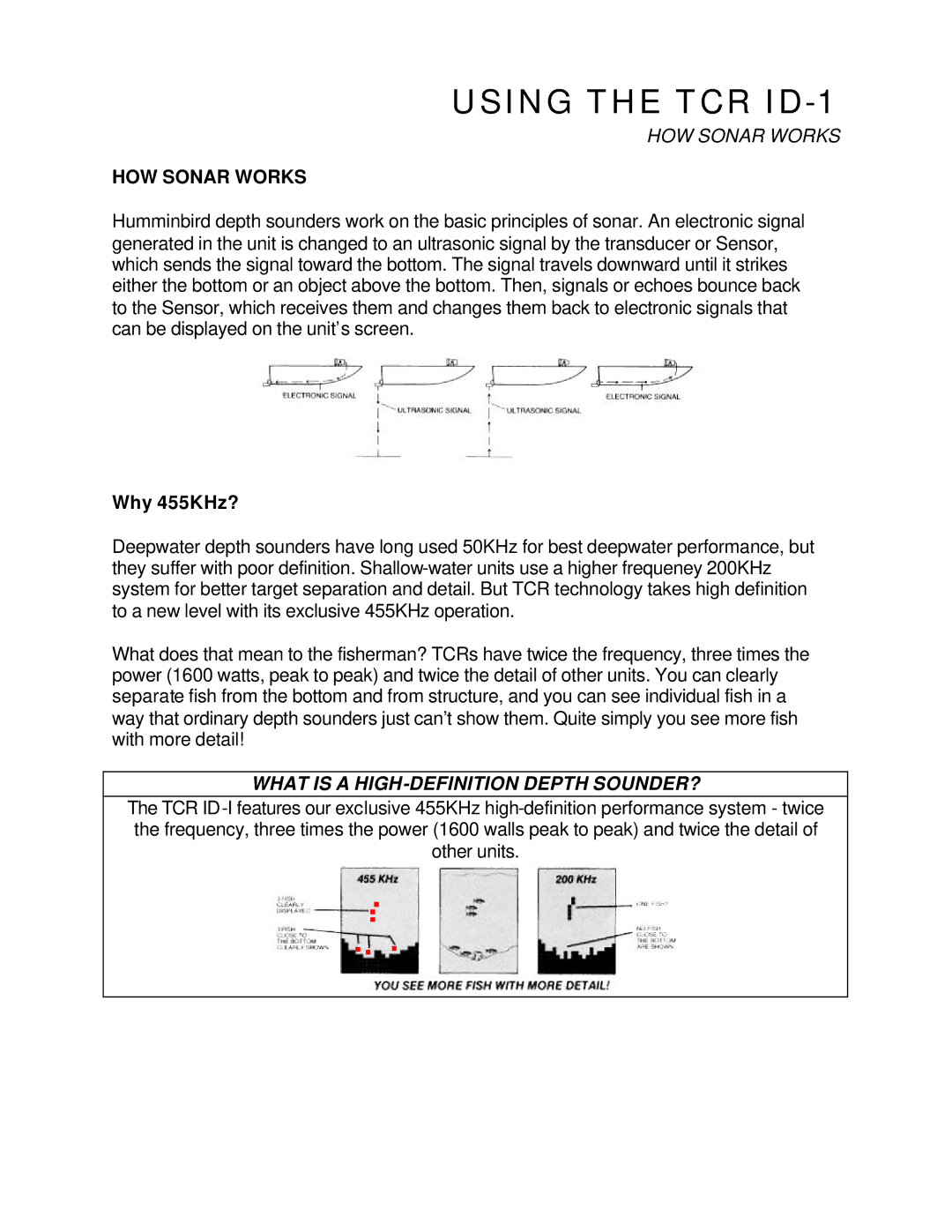 Humminbird TCR ID-1 manual Why 455KHz?, What is a HIGH-DEFINITION Depth SOUNDER? 