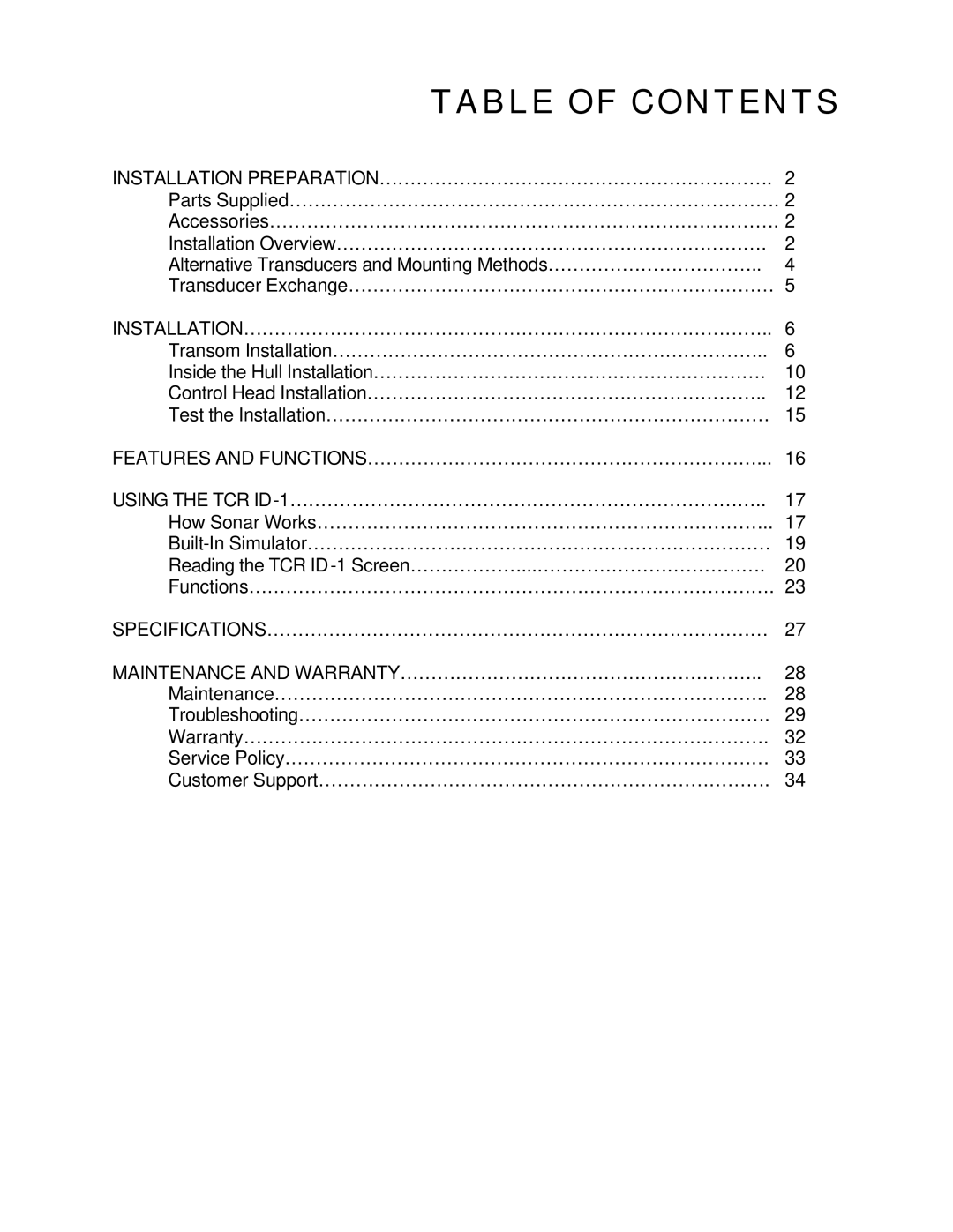 Humminbird TCR ID-1 manual Table of Contents 