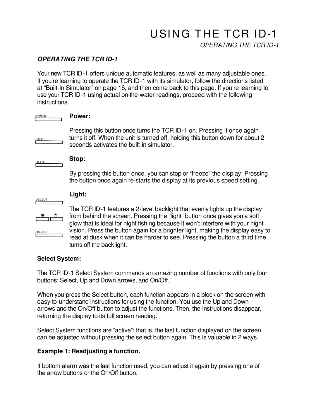 Humminbird manual Operating the TCR ID-1 